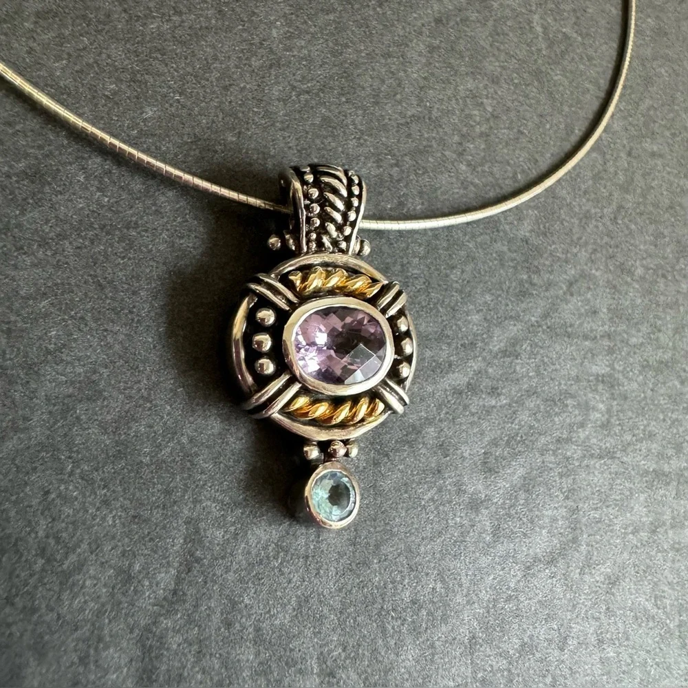 Samuel Benham 14K Gold Sterling Silver Amethyst Necklace BJC Blue Topaz Enhancer